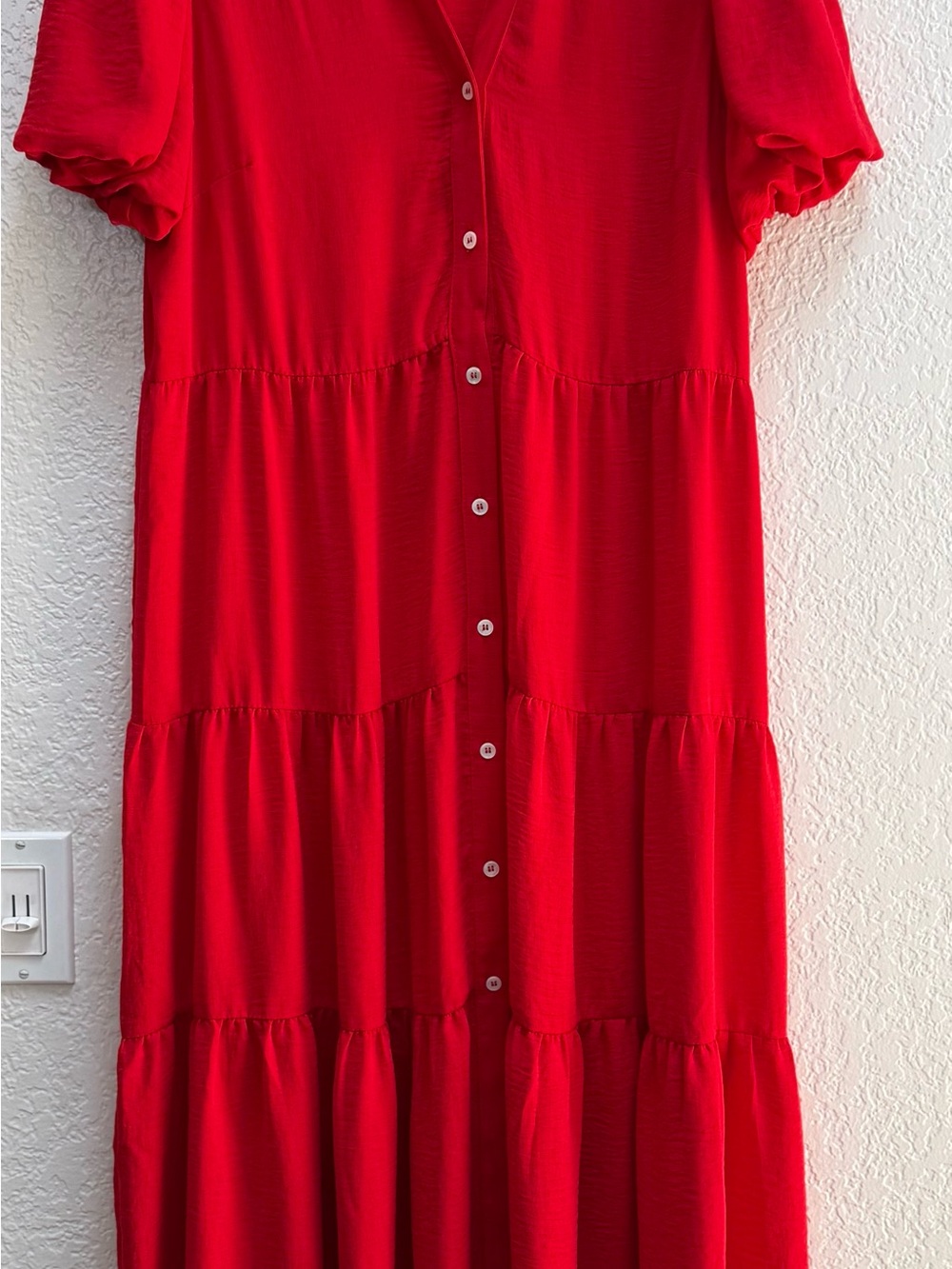CeCe Red Button-Front Tiered Casual Dress